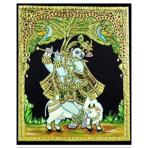 TANJORE PAINTING STANDING KRISHNA WITH COW