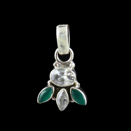 SILVER FLORAL DESIGN OXIDIZED PENDANT WITH EMERALD AND CZ STONES