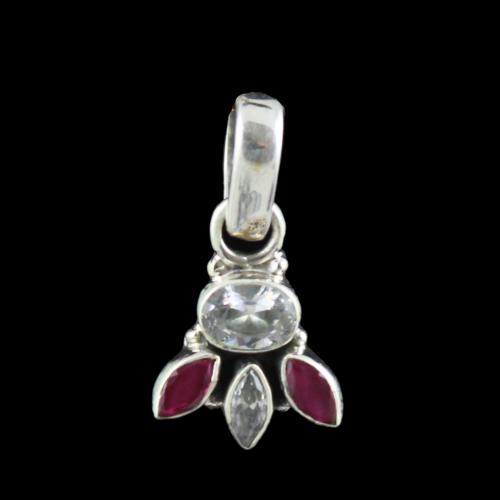 SILVER FLORAL DESIGN OXIDIZED PENDANT WITH RUBY AND CZ STONES