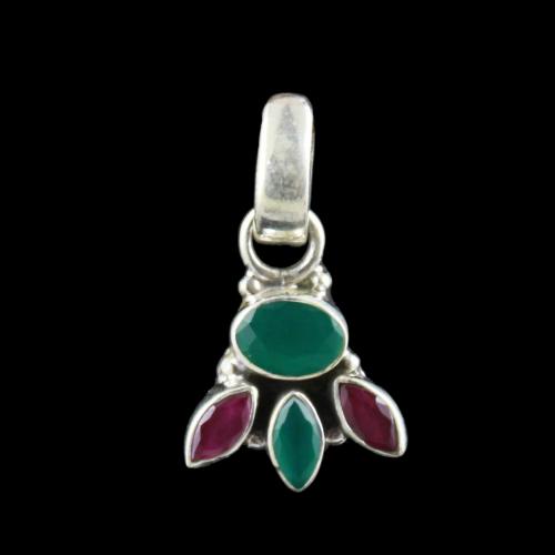 SILVER FLORAL DESIGN OXIDIZED PENDANT WITH RUBY AND EMERALD STONES