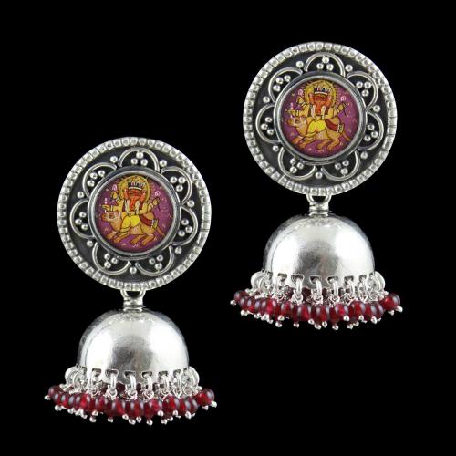 OXIDIZED SILVER HAND PAINTING JHUMKA WITH GARNET BEADS