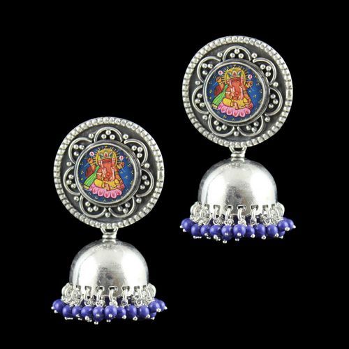 OXIDIZED SILVER HAND PAINTING JHUMKA WITH LAPIS LAZULI BEADS