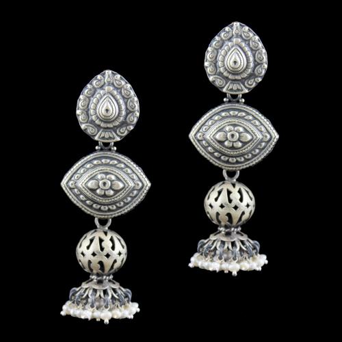 SILVER OXIDIZED DROPS EARRINGS STUDDED WITH PEARL BEADS