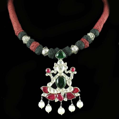 GOLD PLATED THREAD NECKLACE WITH CZ RUBY AND PEARL BEADS