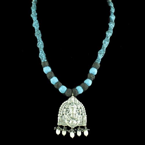 OXIDIZED GANESHA THREAD NECKLACE WITH PEARL AND BLACK SPINEL BEADS