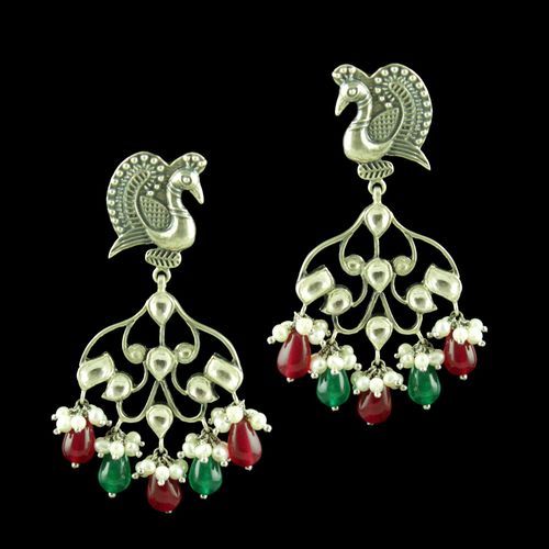 OXIDIZED PEACOCK KUNDAN STONE EARRINGS WITH RED CORUNDUM GREEN HYDRO PEARLS