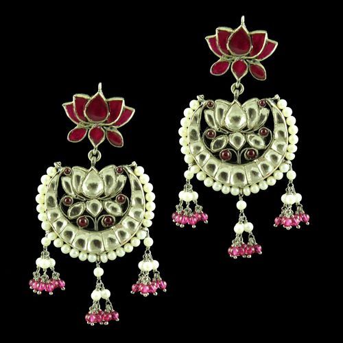 OXIDIZED LOTUS DESIGN KUNDAN STONE CHANDBALI EARRINGS WITH RUBY AND PEARLS