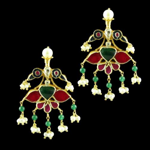 GOLD PLATED KUNDAN STONE EARRINGS WITH GREEN HYDRO AND PEARLS