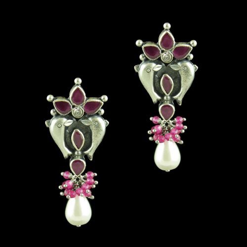 OXIDIZED DOLPHIN EARRINGS WITH CZ RED CORUNDUM AND PEARLS