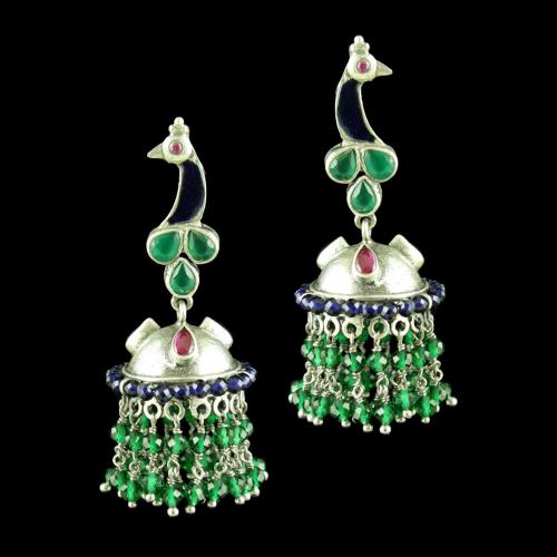 OXIDIZED MEENA PEACOCK JHUMKA WITH GREEN HYDRO RED CORUNDUM AND BLUE SAPPHIRE