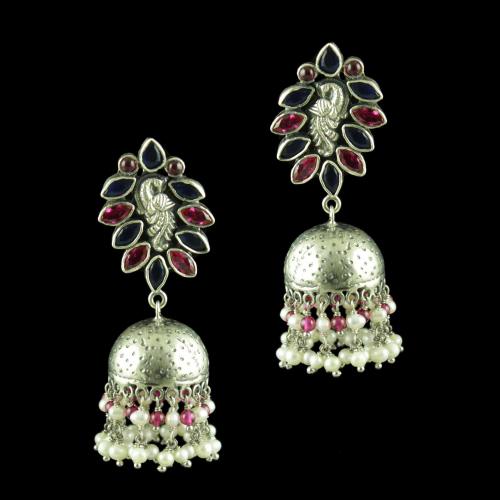 OXIDIZED PEACOCK JHUMKA EARRINGS WITH RUBY BLUE SAPPHIRE AND PEARLS