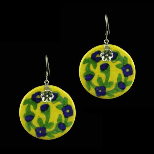 OXIDIZED SILVER BLUE POTTERY HANGING EARRINGS