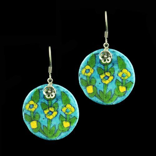 OXIDIZED SILVER BLUE POTTERY HANGING EARRINGS