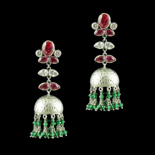 OXIDIZED JHUMKA EARRINGS WITH RED RUBY EMERALD AND CZ STONES