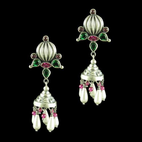 OXIDIZED SILVER JHUMKAS STUDDED RED CORUNDUM AND GREEN HYDRO WITH PEARLS