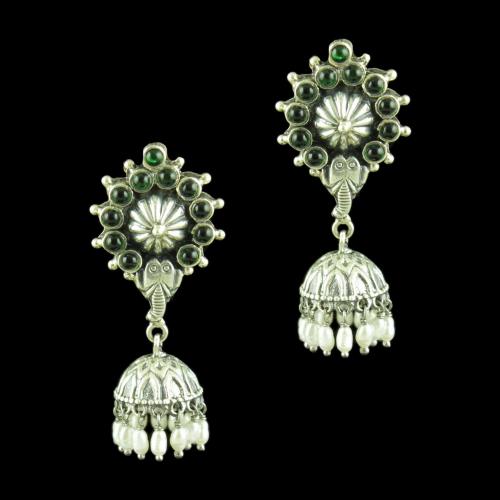 OXIDIZED SILVER JHUMKAS STUDDED GREEN HYDRO WITH PEARLS