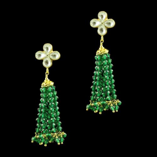 GOLD PLATED KUNDAN AND GREEN HYDRO BEADS EARRINGS