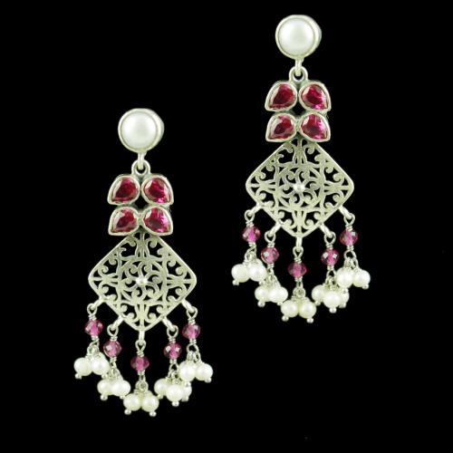 OXIDIZED SILVER EARRINGS WITH RED CORUNDUM AND PEARL BEADS