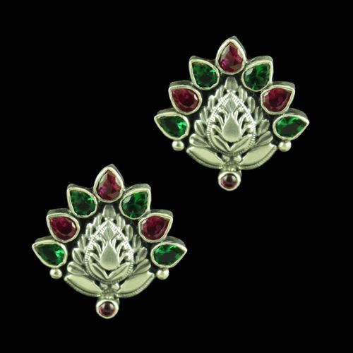 OXIDIZED SILVER RED CORUNDUM AND GREEN HYDRO EARRINGS