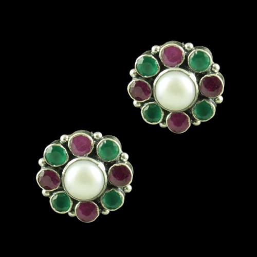 OXIDIZED SILVER RED CORUNDUM GREEN HYDRO WITH PEARL EARRINGS