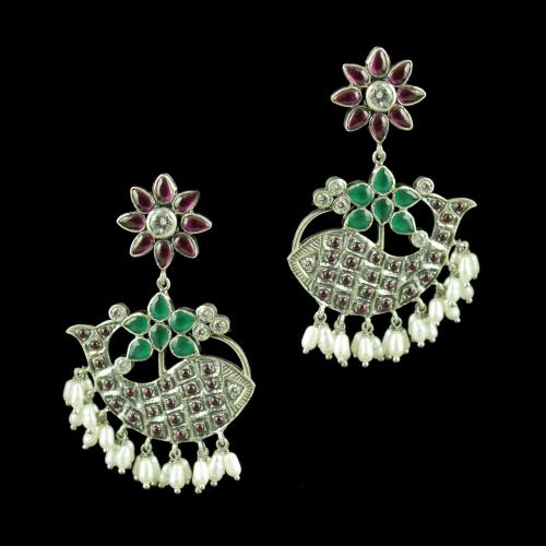OXIDIZED SILVER WITH CZ RED CORUNDUM GREEN HYDRO AND PEARL FISH EARRINGS