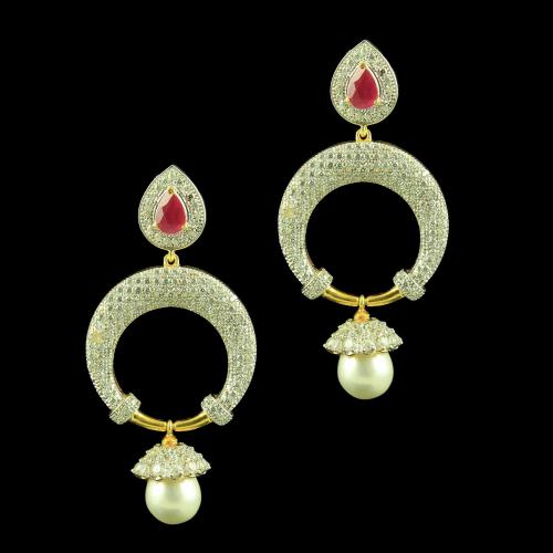 GOLD PLATED CZ EARRINGS WITH RUBY AND PEARL