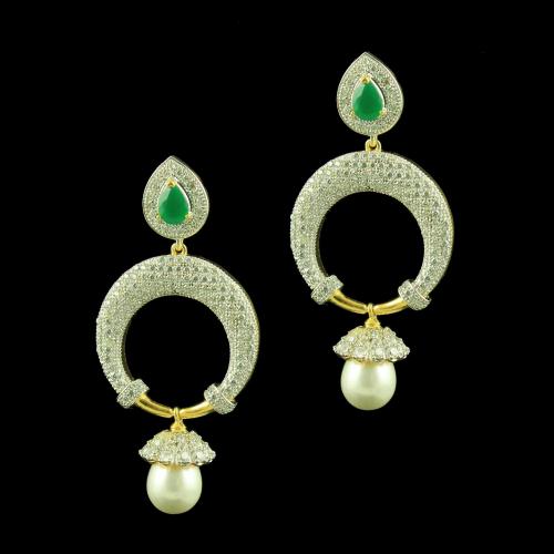 GOLD PLATED CZ EARRINGS WITH EMERALD AND PEARLS