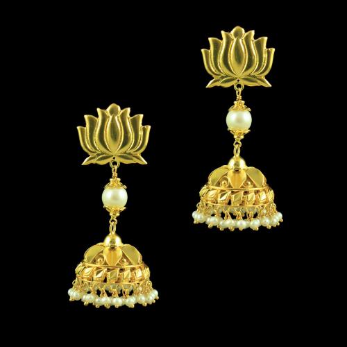 GOLD PLATED LOTUS JHUMKAS EARRINGS WITH PEARLS