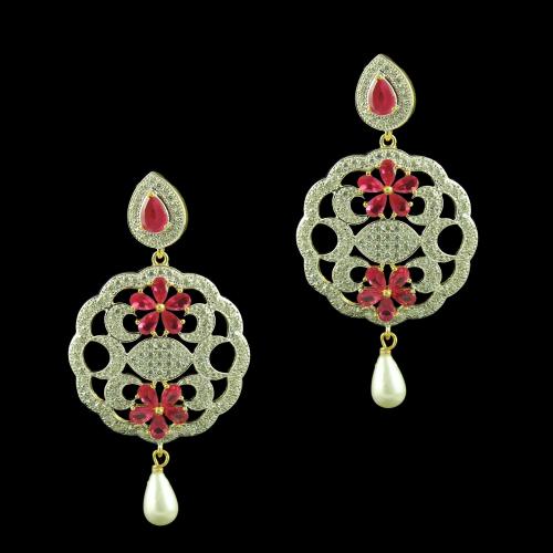 GOLD PLATED CZ EARRINGS WITH RUBY AND PEARLS