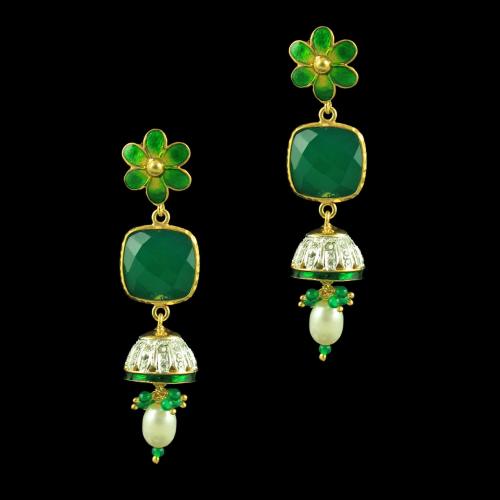GOLD PLATED FLORAL EARRINGS WITH CZ EMERALD AND PEARLS