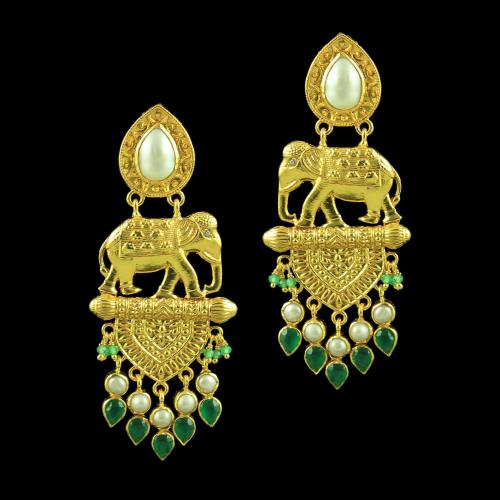 GOLD PLATED ELEPHANT DESIGN EARRINGS WITH EMERALD AND PEARLS