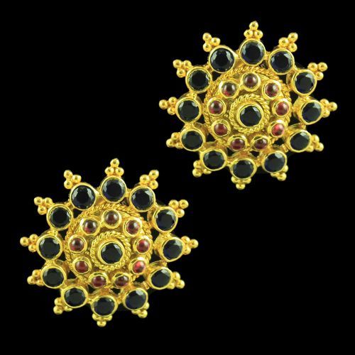 GOLD PLATED FLORAL EARRINGS WITH RUBY AND BLUE SAPPHIRE