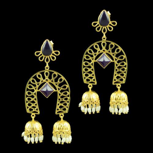 GOLD PLATED JHUMKAS EARRINGS WITH ONYX STONES