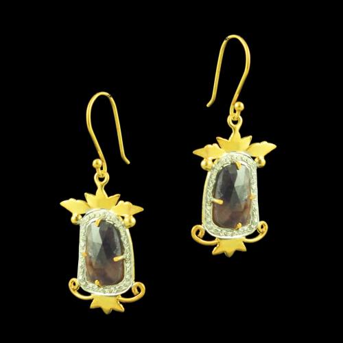 GOLD PLATED EARRINGS WITH MOSSAGATE AND CZ STONES