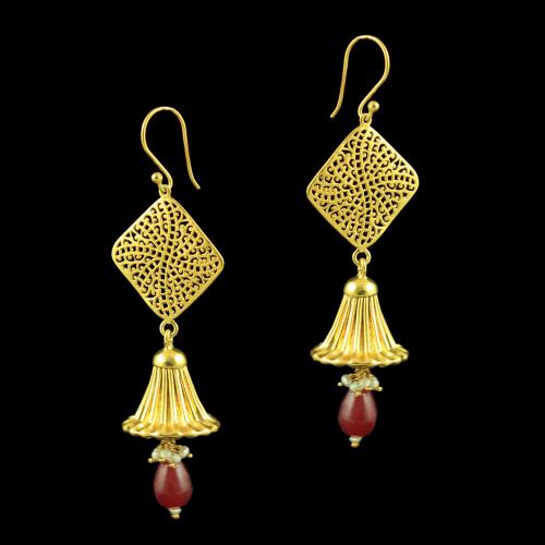 GOLD PLATED JHUMKAS EARRINGS WITH RUBY PEARL BEADS