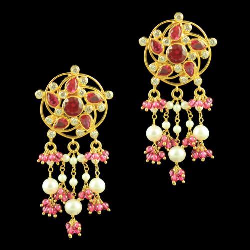 GOLD PLATED EARRINGS WITH CZ RUBY AND PEARL BEADS