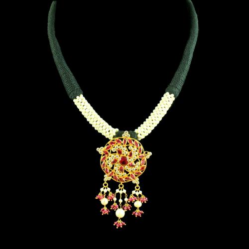 GOLD PLATED THREAD NECKLACE WITH CZ RUBY AND PEARL BEADS