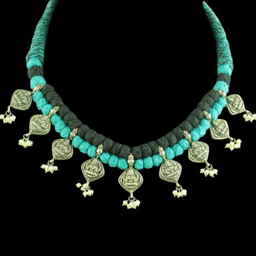 OXIDIZED LAKSHMI DESIGN THREAD NECKLACE WITH PEARL BEADS