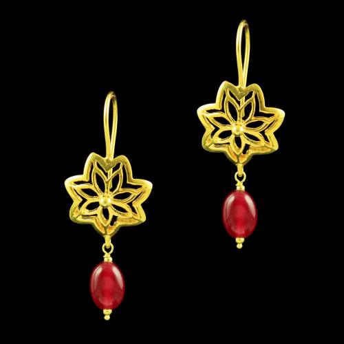GOLD PLATED FLORAL RUBY BEADS EARRINGS