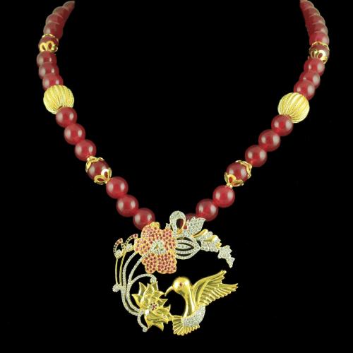 GOLD PLATED CZ NECKLACE WITH RED ONYX BEADS