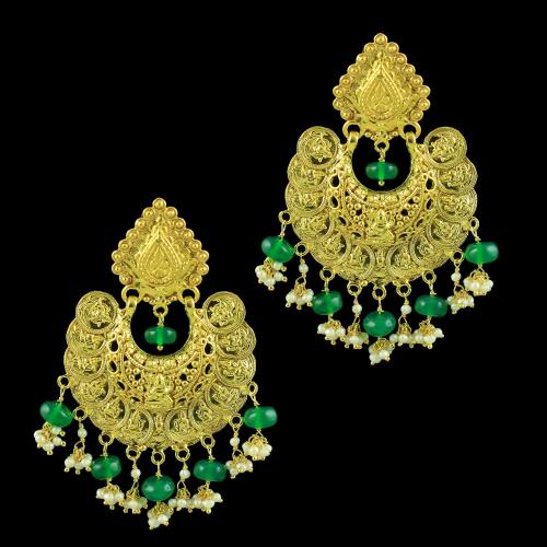 GOLD PLATED LAKSHMI EARRINGS WITH GREEN HYDRO AND PEARLS