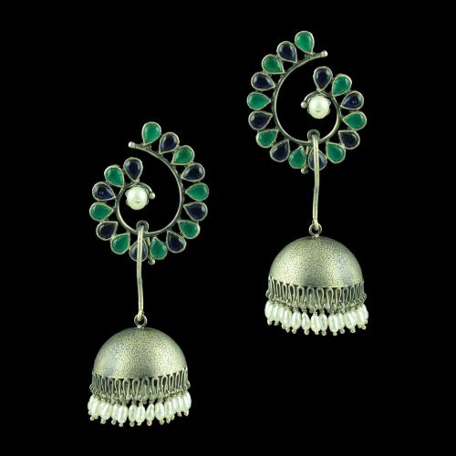 OXIDIZED PEACOCK EARRINGS WITH EMERALD BLUE SAPPHIRE AND PEARLS