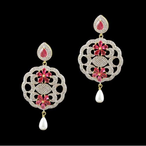 GOLD PLATED FLORAL CZ EARRINGS WITH PEARLS