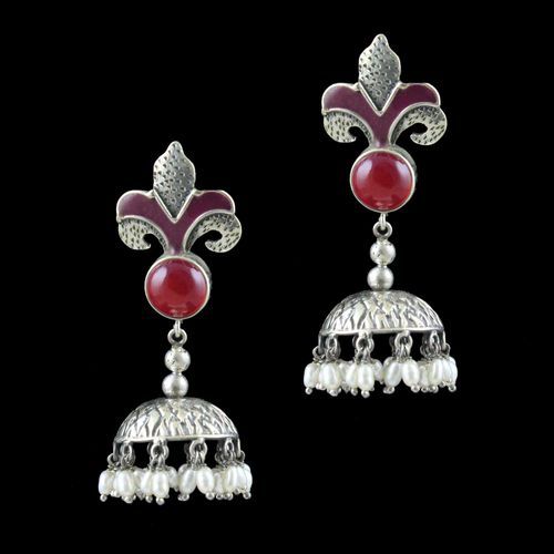 OXIDIZED SILVER ONYX AND PEARL JHUMKA EARRINGS