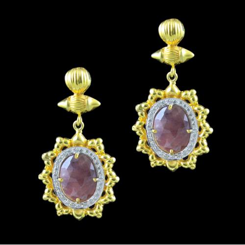 GOLD PLATED FLORAL CZ AND AGATE STONES EARRINGS