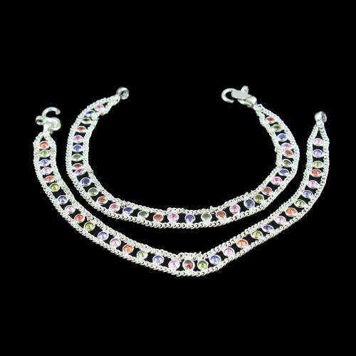 OXIDIZED SILVER MULTI COLOR STONES ANKLET