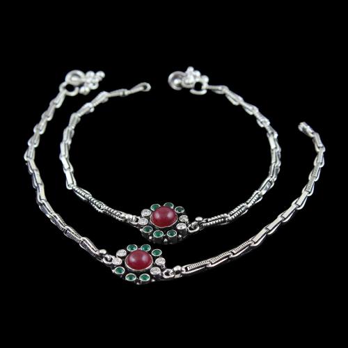 OXIDIZED SILVER RUBY EMERALD AND CZ ANKLET