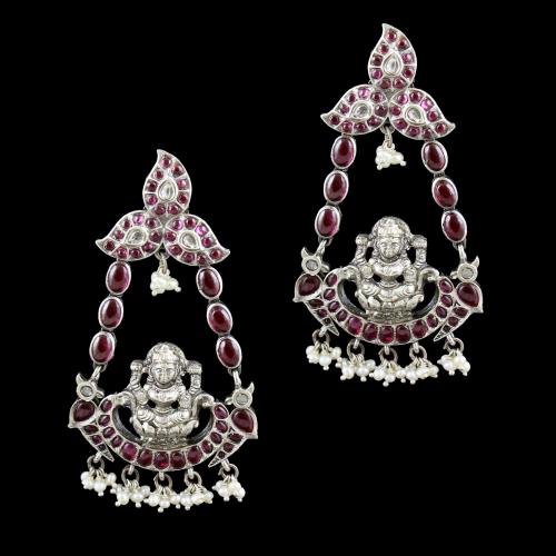 OXIDIZED SILVER LAKSHMI EARRINGS WITH ONYX AND PEARLS