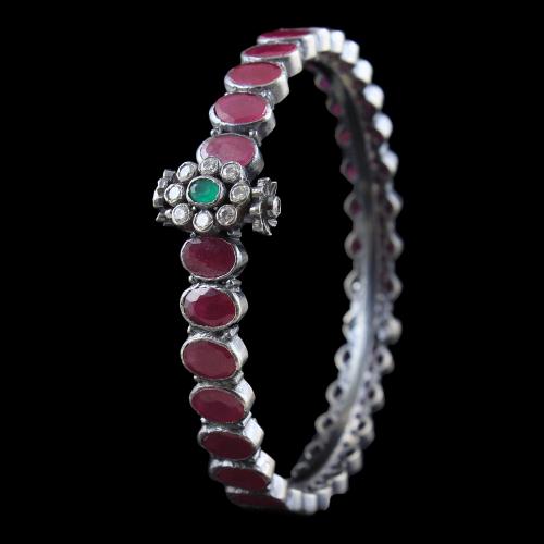 SILVER OXIDIZED RUBY BANGLE WITH CZ AND EMERALD