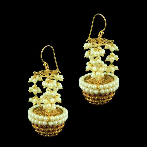 GOLD PLATED HANGING JHUMKA WITH RED ONYX AND PEARLS
